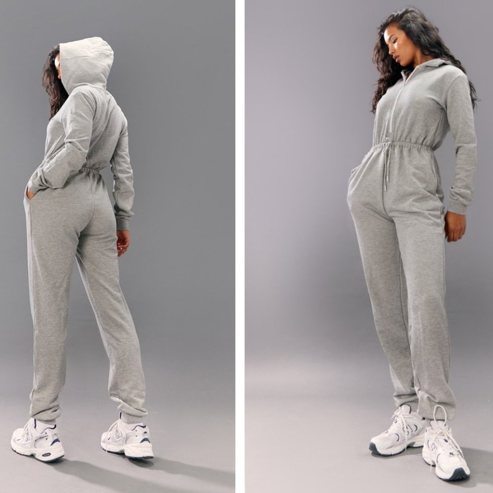 PRETTY LITTLE THING Grey Onesie Long Sleeve Hooded Half Zip Sweat Jumpsuit
